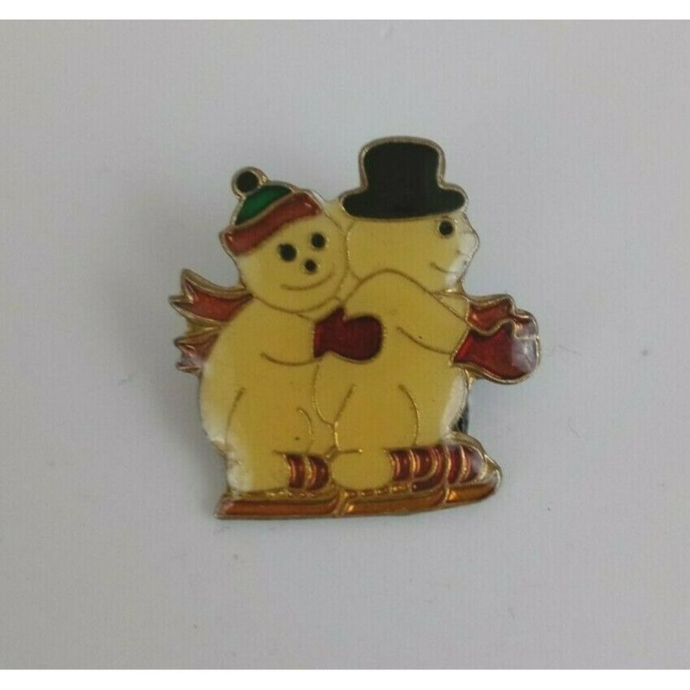Vintage Snowmen Ice Skating Christmas 1" Lapel Hat Pin